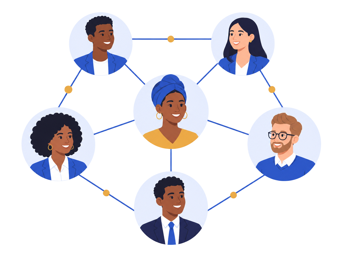 Illustration of diverse young professionals connected in one community network